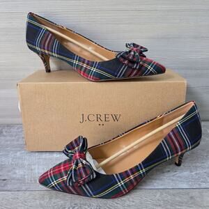 J. Crew Esme Plaid Tartan Kitten Heel Pumps W/ Bow Black & Red Size 10.5 NWT New